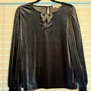 LOFT NWOT Black Velvet Blouse with Embellished Bow (Size: M)